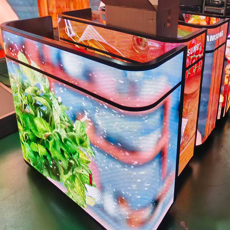 Indoor Full Color Rental Bar Curved Counter Screen Panel Reception 3D Advertising Flexible Display Video Floor Standing Digital Signage (P1.53 P1.86 P2.5)