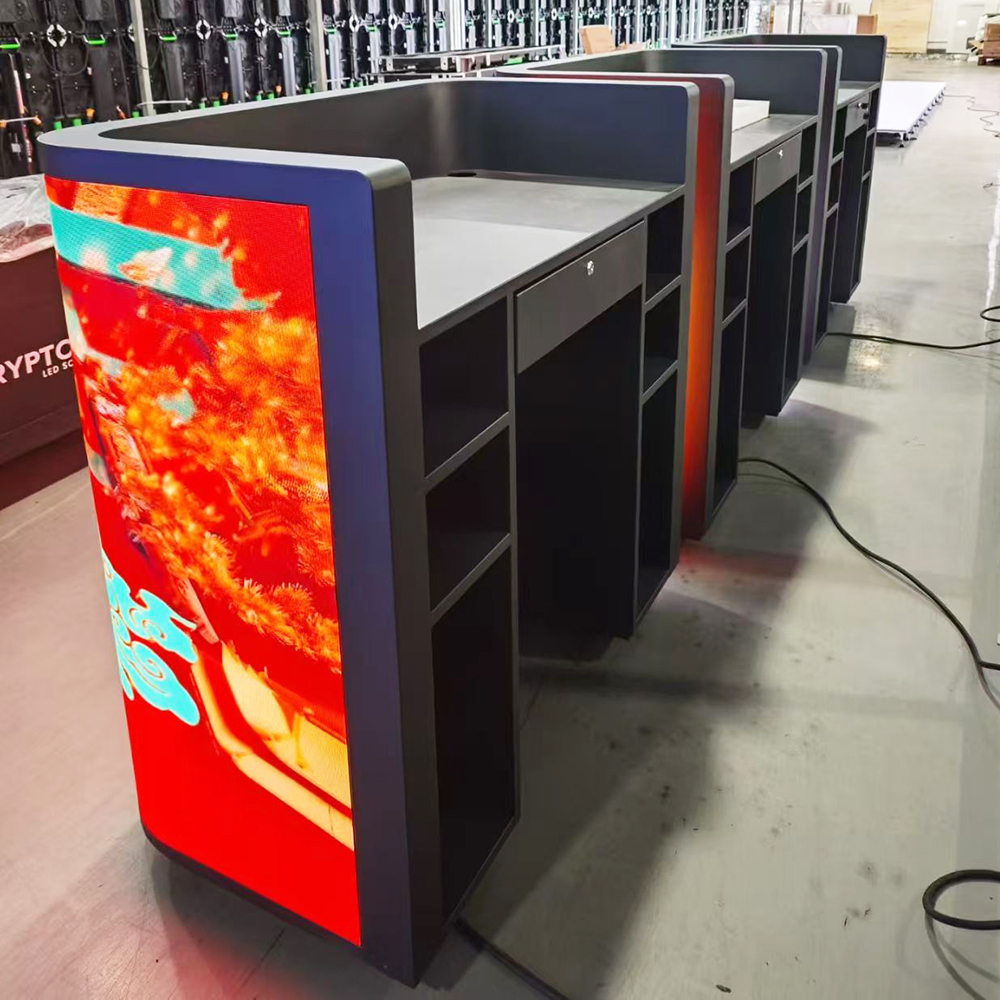 Indoor Full Color Rental Bar Curved Counter Screen Panel Reception 3D Advertising Flexible Display Video Floor Standing Digital Signage (P1.53 P1.86 P2.5)